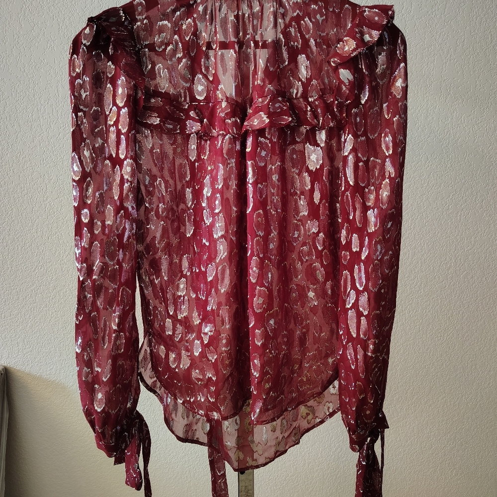 Veronica Beard Women's Brooks Burgundy Metallic Print Silk Blouse- Size 2 Small - Picture 2 of 7